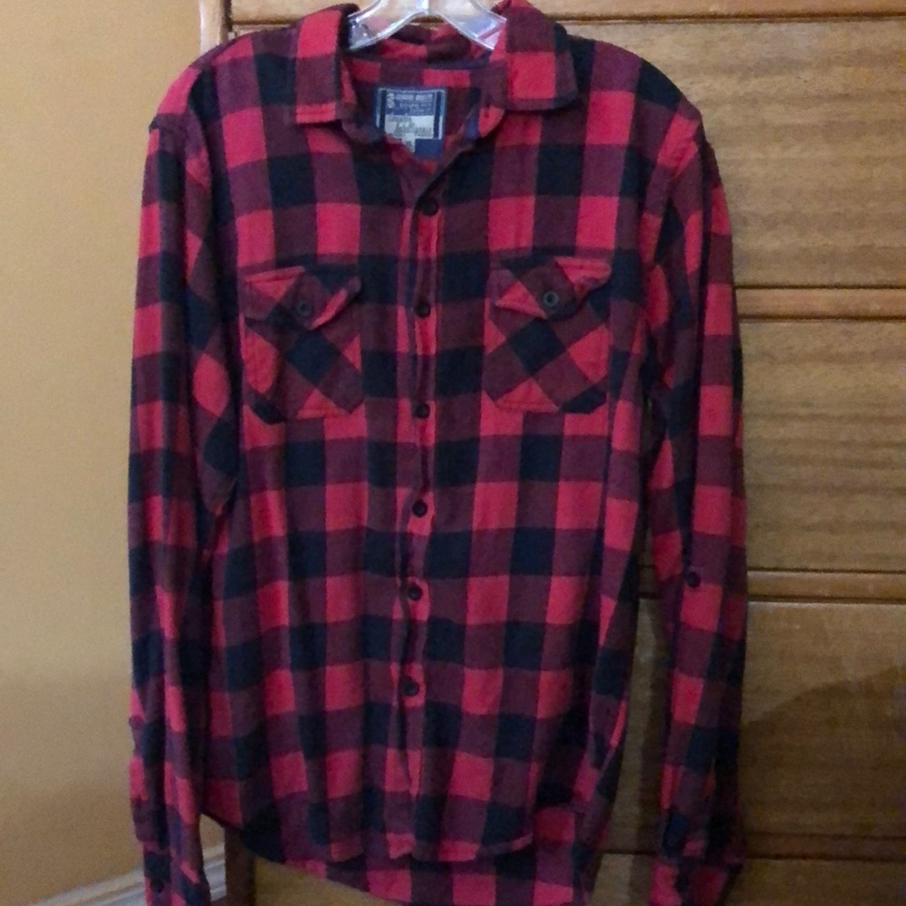 Counter Intelligence red and black checked button down shirt, size medium